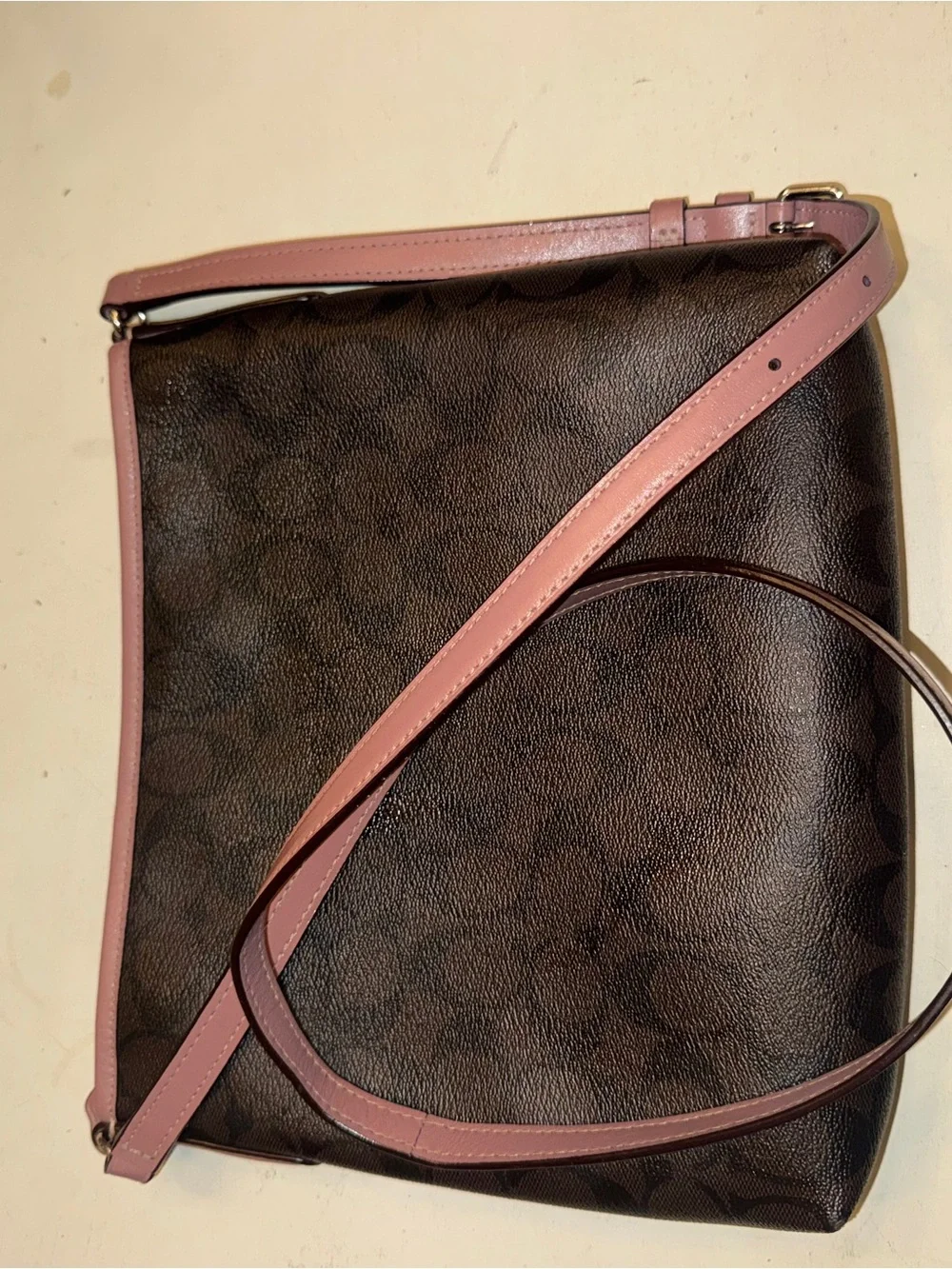 Coach Signature Brown Pink Trim Crossbody W/Adjustable Strap (Model F29210)